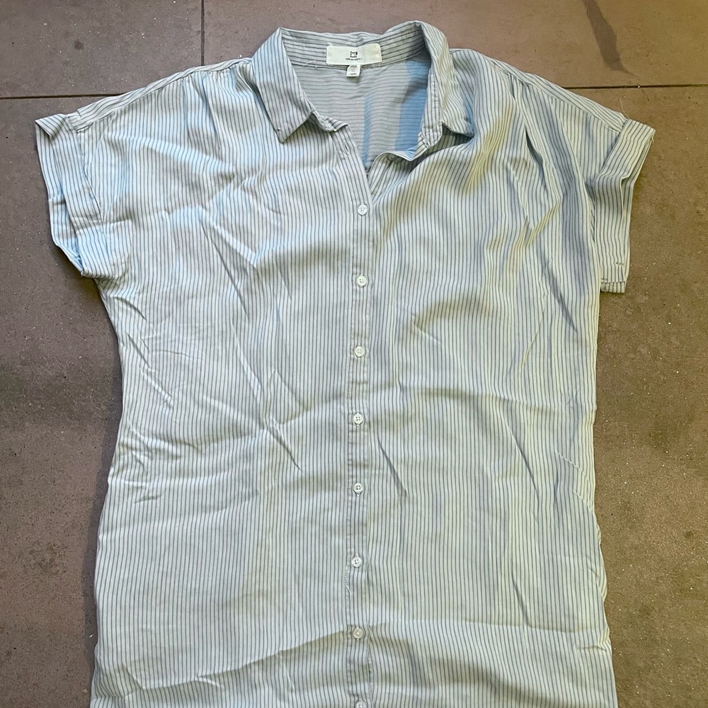 Blue-Striped Button Down Casual T-Shirt Midi Dress